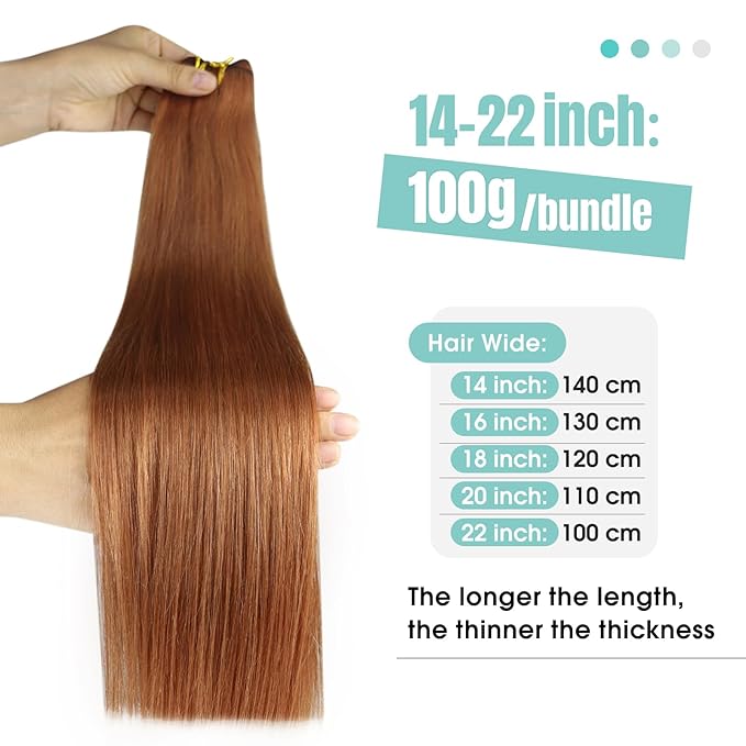 YoungSee Weft Human Hair Extensions Copper Weft Real Hair Extensions Copper Sew in Hair Extensions Copper Remy Hair Weft Extensions 100g 22inch
