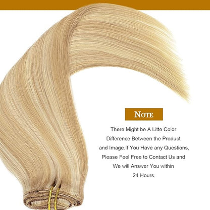 Loxxy Clip in Extensions Human Hair Light Golden Brown Mixed Platinum Blonde Extension Clip in 100% Remy Real Human Hair Double Weft P#12/60 14 Inch 120g 7 pcs
