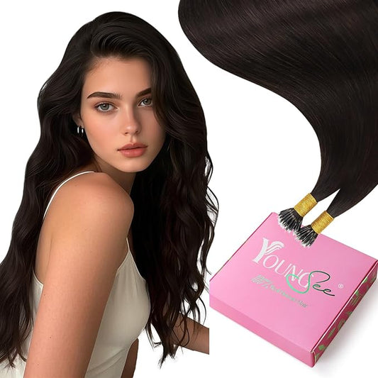 YoungSee Nano Hair Extensions Real Human Hair Dark Brown Nano Bead Hair Extensions Human Hair Darkest Brown Silky 18inch 50s 50g