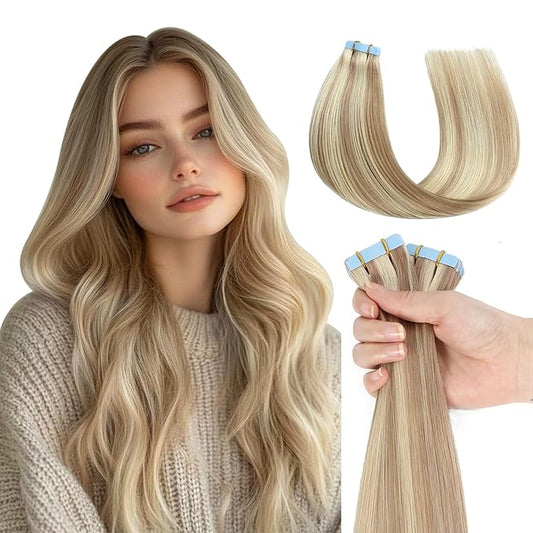 Missme Tape in Hair Extensions Human Hair 16 inch 20 Pcs 40g #P18/613 Ash Blonde Tape ins Human Hair Extensions Remy Hair Skin Weft Seamless Invisible Silky Straight Thick Ends Add Length