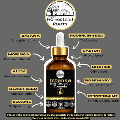 Intense Hair Growth Oil - Organic - Blend of 17 Oils (Batana, Castor & Rosemary) – Supports Thicker, Fuller Hair (3.4 oz)