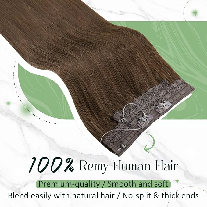 RUNATURE Wire Hair Extensions Real Human Hair, Invisible Fish Line Hair Extensions Remy Straight, Add Volume, Natural Look for Daily Wearing, 18 Inch 80g #4 Chocolate Brown