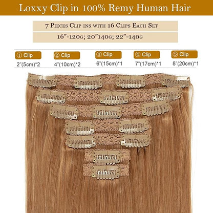 Loxxy 20 Inch Clip in Hair Extensions Human Hair Thick Straight Double Weft Autumn Blonde Brazilian Remy Hair 140G