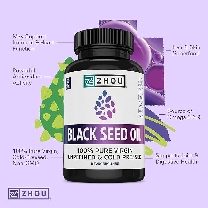 ZHOU Black Seed Oil & Capsules - Black Cumin Seed Oil Cold Pressed, Pure Unrefined Nigella Sativa, Premium Supplement for Health, Hair & Skin - 8 fl oz Bottle & 60 Capsules