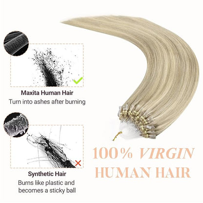 MAXITA Microlink Hair Extensions Human Hair, Ash Blonde Highlighted Platinum Blonde Micro Bead Hair Extensions Virgin Human Hair, 50g/50 Strands/Pack, 22 In