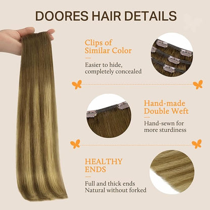 DOORES Human Hair Clip in Extensions, Medium Brown Highlighted Dirty Blonde 24 Inch 150g 9pcs, Real Hair Extensions Clip in Human Hair Extensions Human Hair Natural Thick Silky Straight Hair