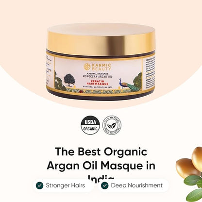 100% Organic Moroccan Argan Oil & Natural Keratin Masque | For Dry, Damaged & Color Treated Hair | Cold Prerssed Oils for Deep Nourishment | Sulfates, Parabens & Cruelty Free | 3.4 oz