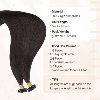 MAXITA U Tip Hair Extensions Human Hair, Natural Black Hair Extensions Real Human Hair, 50g/50 Strands/Pack, 20 In Virgin Human Hair