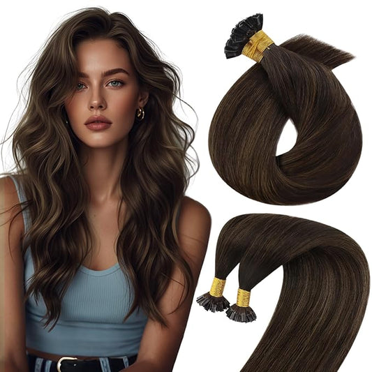 Sunny Hair Ktip Human Hair Extensions Darkest Brown to Medium Brown Keratin Human Hair Extensions 24inch K Tip Extensions Natural 50g