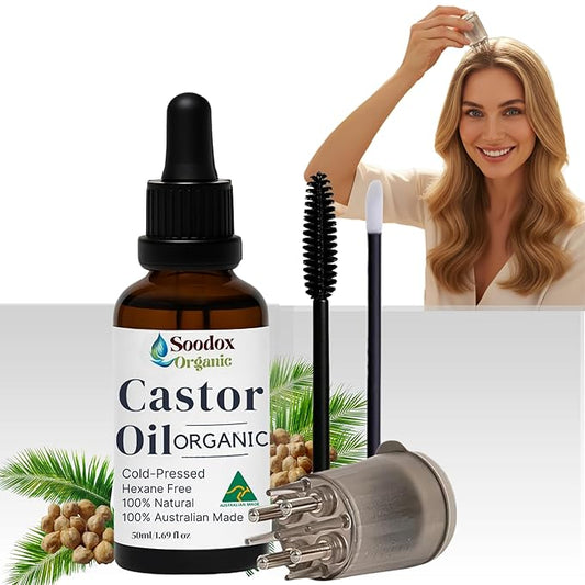 Organic Castor Oil 50mL | Cold Pressed & Unrefined | BONUS Scalp Applicator & Eyelash Brushes | Pure Castor Oil Organic for Hair Growth, Skin, Face & Nails | Australian Made | Glass Bottle