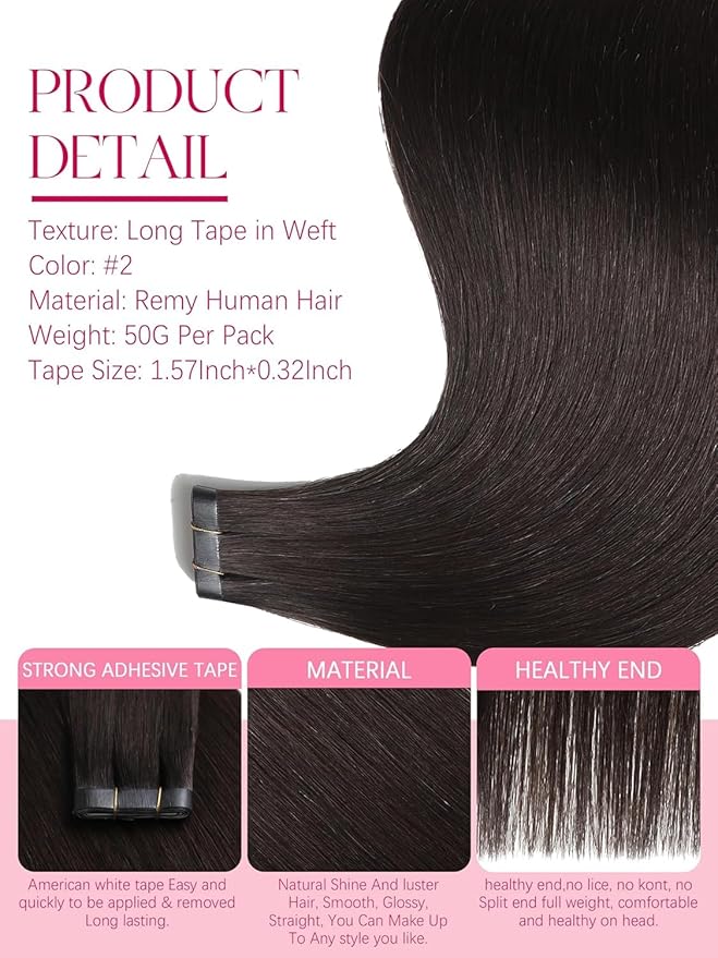 Lacer Long Tape in Hair Extensions Human Hair 18 Inch Wide Tape in Weft Extensions Darkest Brown Invisible Long Weft Hair Extensions Human Hair 50G 1Pcs