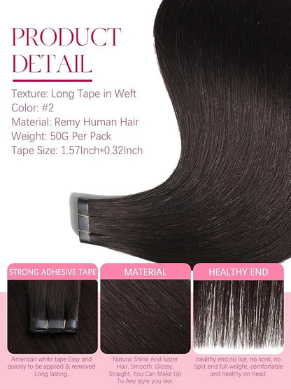 Lacer Long Tape in Hair Extensions Human Hair 18 Inch Wide Tape in Weft Extensions Darkest Brown Invisible Long Weft Hair Extensions Human Hair 50G 1Pcs