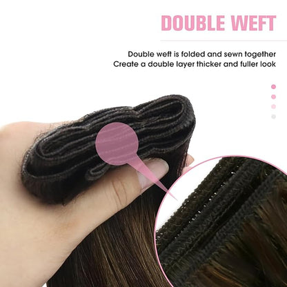YoungSee 130G Weft Extensions Human Hair Balayage Hair Weft Extensions Dark Brown Mix Medium Brown Highlights Brown Balayage Sew in Hair Extensions Real Human Hair Balayage 24Inch