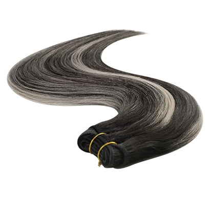 YoungSee Weft Hair Extensions Ombre Black Sew in Hair Extensions Real Human Hair Blend of Black and Silver with Black Roots Human Hair Weft Extensions for Short 100G 14Inch