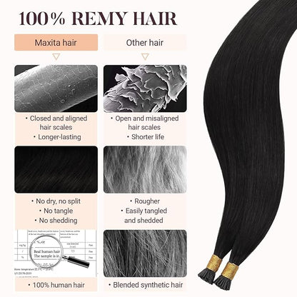 MAXITA I Tip Hair Extensions Human Hair,Natural Black 100g/100s 18 Inch, Itip Human Hair Extensions Comfortable Wear, 100% Remy Human Hair, Real Human Itip Keratin Hair Extensions