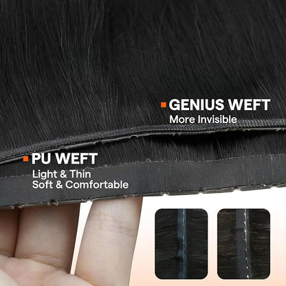 Full Shine Butterfly Weft Hair Extensions Remy Human Hair 24 Inch Invisible Pu Hole Weft Extensions Color Jet Black Genius Weft Extensions Real Hair Micro Ring Hair 100 Grams