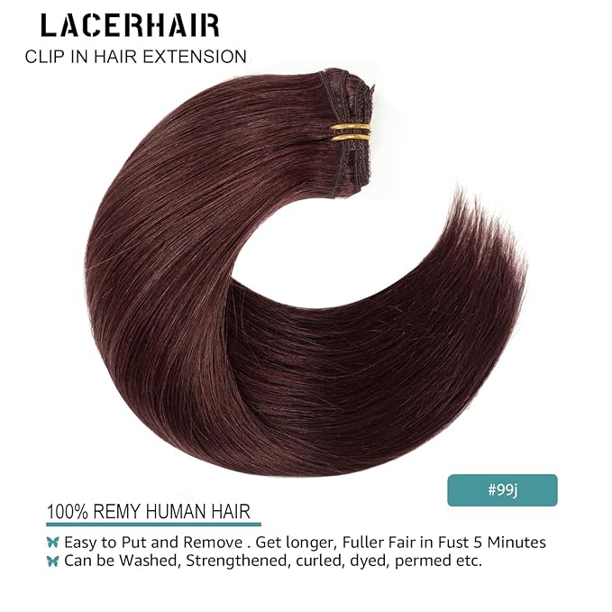 Lacer Hair Clip in Hair Extensions Human Hair 18 Inch 7Pcs Invisible Double Sided Real Weft 100% Remy Human Hair No Tangle No Shedding #99J Deep Burgundy Color 120G