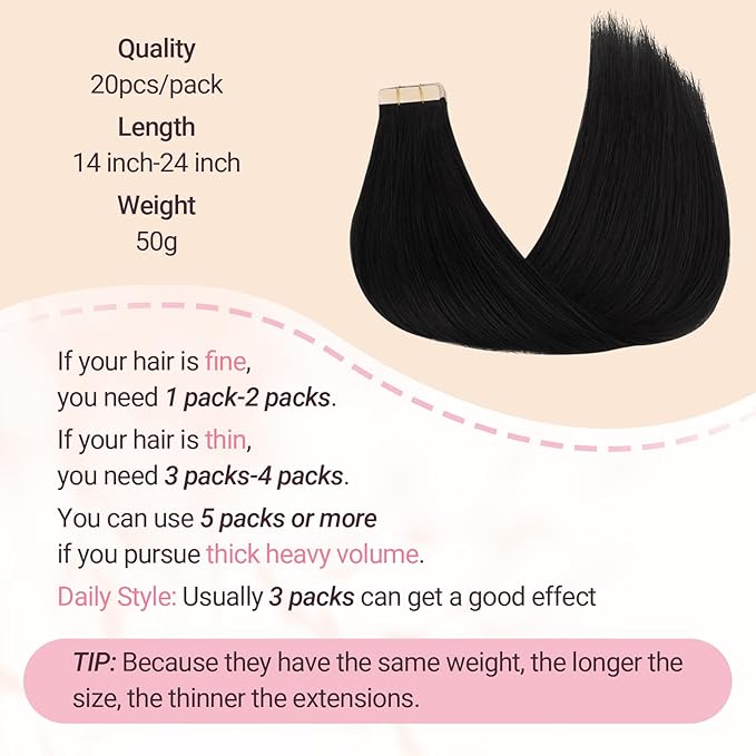 MAXITA Tape in Hair Extensions Natural Black Tape in Extensions Remy Human Hair Seamless Straight Human Hair Extensions 18 Inch 20pcs 50g Real Human Hair for Women