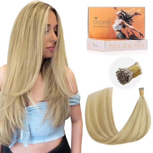DOORES I Tip Hair Extensions, Light Blonde Highlighted Golden Blonde 50g/100s 14 Inch, Cold Fusion Hair Extensions Remy Silky Straight Hair