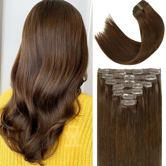 Lacer Hair Extensions Clip In Real Human Hair Extensions 120g 7 Pieces Silky Straight Weft Remy Human Hair Clip in Hair Extensions Chocolate Brown #4 14 Inch