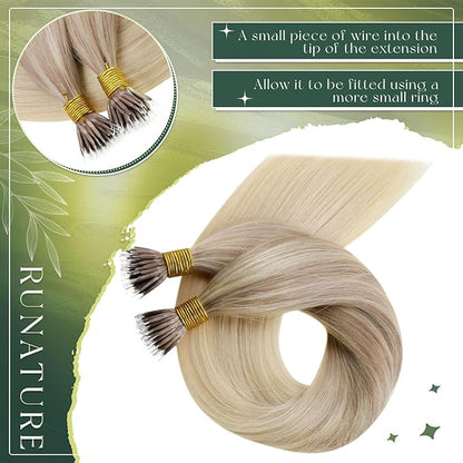 RUNATURE 22 Inch Nano Bead Hair Extensions Human Hair Ombre Ash Blonde Mix Light Blonde Fading to Platinum Blonde Remy Nano Extensions Human Hair Silky Nana Link Human Hair Extensions 50g 50s