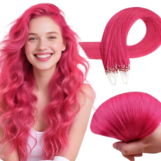 RUNATURE Micro Beads Hair Extensions Real Human Hair Hot Pink Hair Extensions with Microloops, 20 Inch Pink Human Hair Extensions, Pre Bonded Remy Silky Soft Hair for Party, 25g 25s