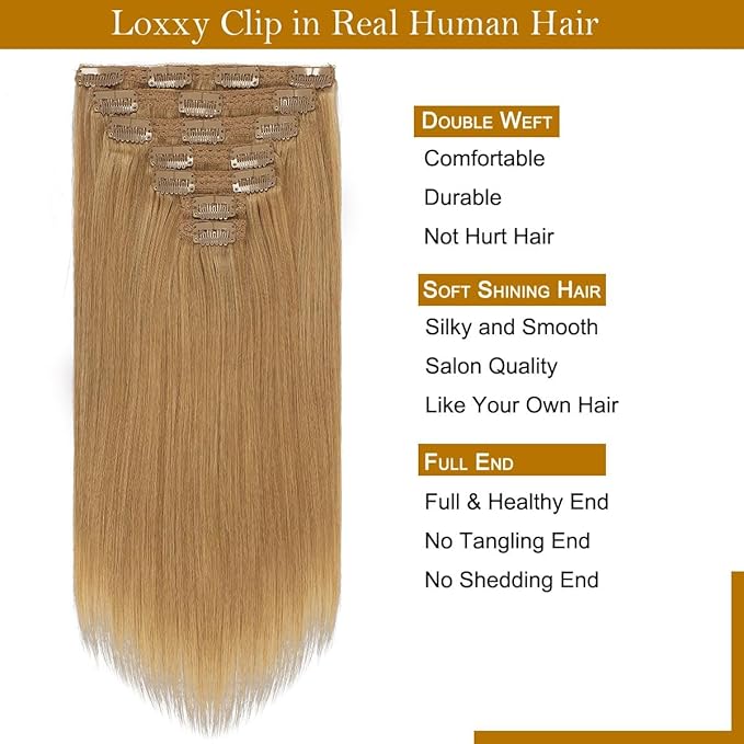 Loxxy Blonde Hair Extensions Clip in Extensions Remy Human Hair Strawberry Blonde Double Weft Real Human Hair Thick Silky Straight #27 Clip in Extensions Full Head 16 Inch 120g