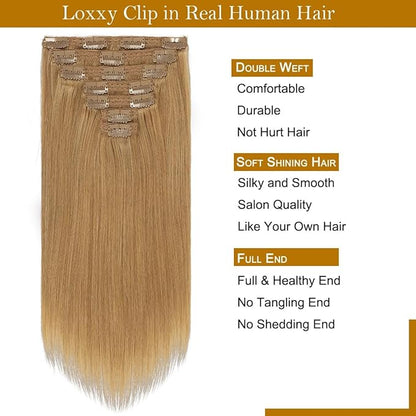 Loxxy Blonde Hair Extensions Clip in Extensions Remy Human Hair Strawberry Blonde Double Weft Real Human Hair Thick Silky Straight #27 Clip in Extensions Full Head 16 Inch 120g