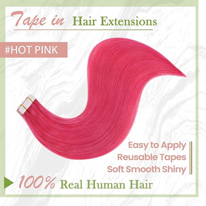 RUNATURE Hot Pink Hair Extensions Tape in, Real Human Hair Tape in Extensions Colored Tape in Hair Extensions Human Hair for Highlight Soft Silky Hair 14 Inch 20g 10pcs