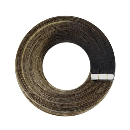 YoungSee Human Hair Tape in Extensions Balayage 14Inch 50g Tape Hair Extensions Real Human Hair Black Ombre Brown Invisible Tape in Hair Extensions 20pcs Tape Human Hair Extensions Silky Straight