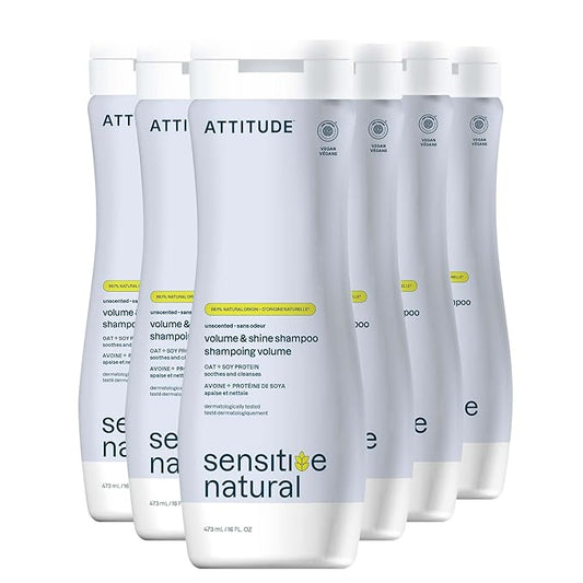 ATTITUDE Hair Shampoo for Sensitive Dry Scalp, EWG Verified, Soothing Oat, For Thin Hair, Naturally Derived Ingredients, Vegan and Plant-Based, Volume and Shine, Unscented, 16 Fl Oz (Pack of 6)