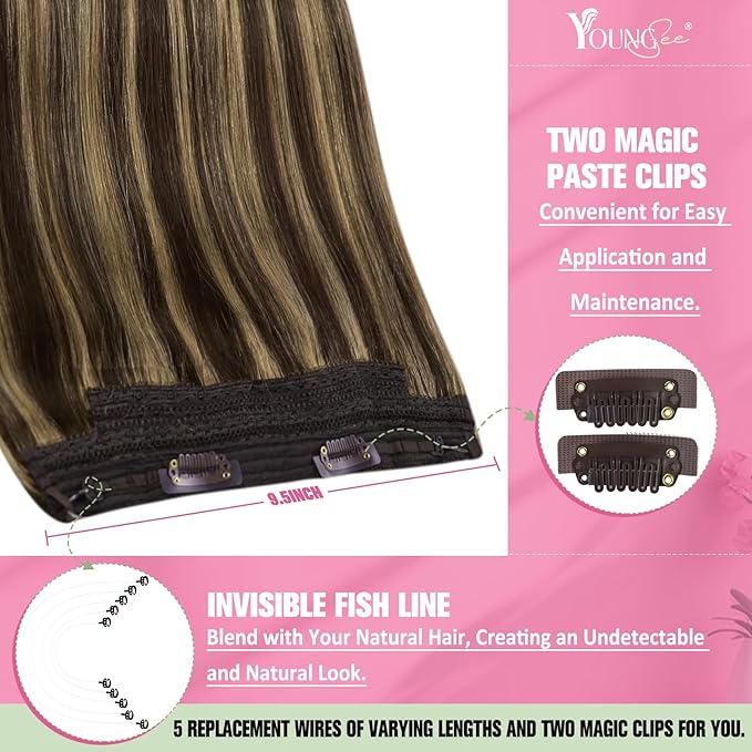 YoungSee Wire Hair Extensions Human Hair Highlight Fish Line Hair Extensions Dark Brown Highlights Blonde Invisible Wire Extensions Human Hair Brown Highlight 14inch 80g