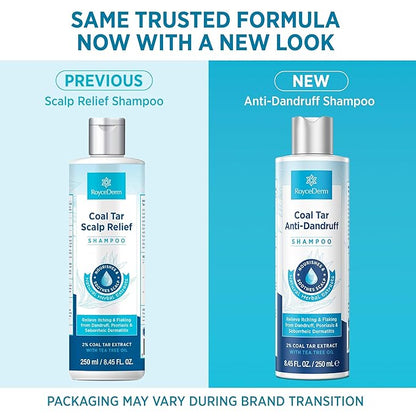 RoyceDerm Coal Tar Dandruff Shampoo: Extra Strength 2% Coal Tar Extract Medicated Gel for Rapid Scalp Hair Relief targets dandruff, psoriasis, and seborrheic dermatitis - Hydrating & Natural Fragrance