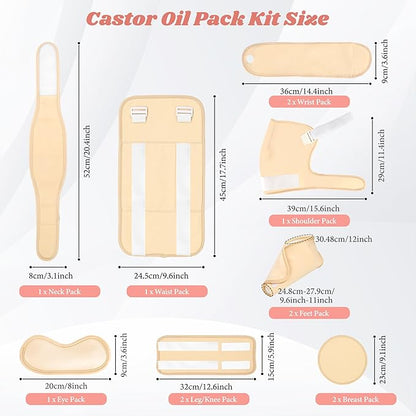 Castor Oil Pack Wrap, 12 Pcs Reusable Castor Oil Pack Kit Organic Cotton for Shoulder Hands Neck Waist Chest Knees and Feet, Adjustable Compress Pads for Entire Body