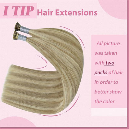 YoungSee I Tip Hair Extensions Human Hair Brown I Tips Hair Extensions Real Human Hair Light Brown with Blonde Highlight Tip Hair Extensions Real Human Hair Short Hair Extensions 14 Inch 80s 50g