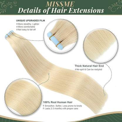 Missme Tape in Hair Extensions Human Hair 16 inch 20 Pcs 40g #613 Blonde Tape ins Human Hair Extensions Remy Hair Skin Weft Seamless Invisible Silky Straight Thick Ends Add Length