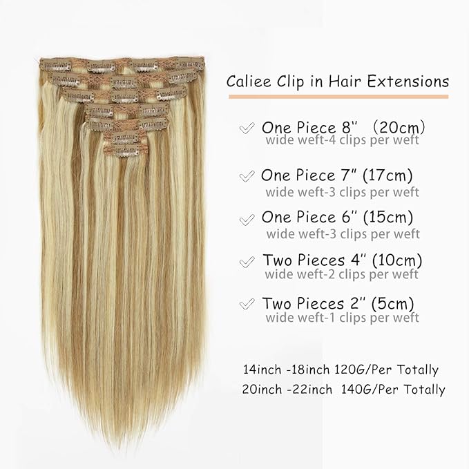 Caliee Clip in Hair Extensions Human Hair for Women Long Soft Silky Double Weft Lace Clip ins P10-613 Highlight Golden Brown and Bleach Blonde 7PCS 20 Inch 120G Real Hair Clip in Hair Extensions