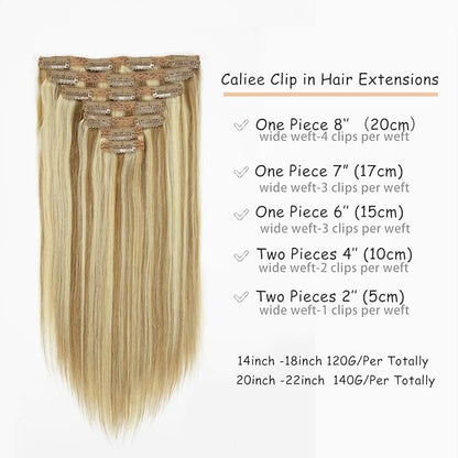 Caliee Clip in Hair Extensions Human Hair for Women Long Soft Silky Double Weft Lace Clip ins P10-613 Highlight Golden Brown and Bleach Blonde 7PCS 20 Inch 120G Real Hair Clip in Hair Extensions