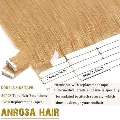 Anrosa Real Human Hair Silky Double Sided Tape in Hair Extensions 50g 20pcs 22 Inch Skin Weft Seamless Remy Tape in Hair Extensions Honey Blonde Color