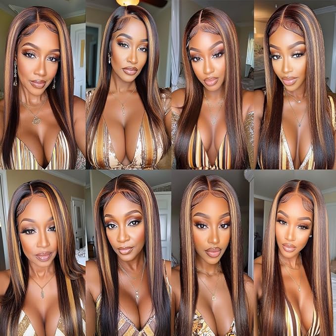 Ombre P430 Straight Bundles Human Hair Highlight Straight Bundles Brown and Light Brown two tone Brazilian Human Hair Soft and Silky for Black Women 26 28 30 Inch
