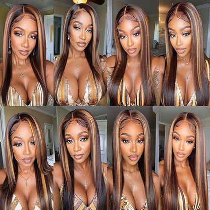 Ombre P430 Straight Bundles Human Hair Highlight Straight Bundles Brown and Light Brown two tone Brazilian Human Hair Soft and Silky for Black Women 26 28 30 Inch