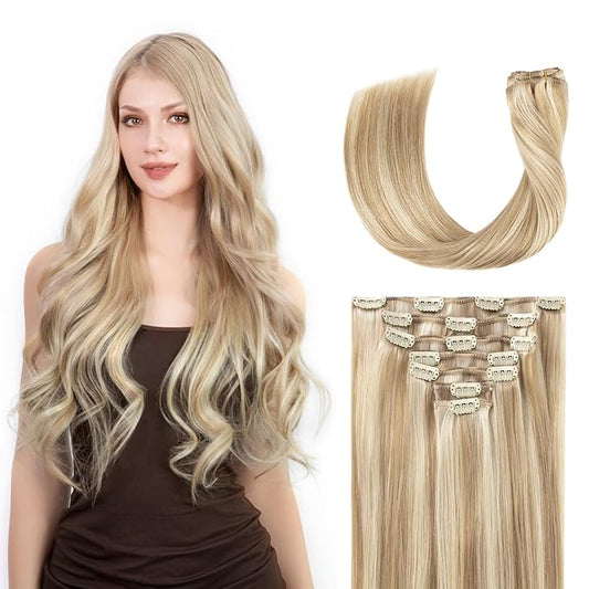 Clip in Hair Extensions Real Human Hair, Silky Remy Hair Extensions Clip Ins, Salon Quality Natural Human Hair, Light Blonde Highlighted Golden Blonde #P16/22 16Inch 120G 7PCS