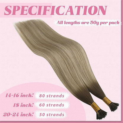 YoungSee I Tips Hair Extensions Ombre Itips Hair Extensions Human Hair Ombre Dark Brown to Light Brown with Blonde Tip Extensions Balayage 20In Keratin Hair Extensions Volume-Adding 50s 50g