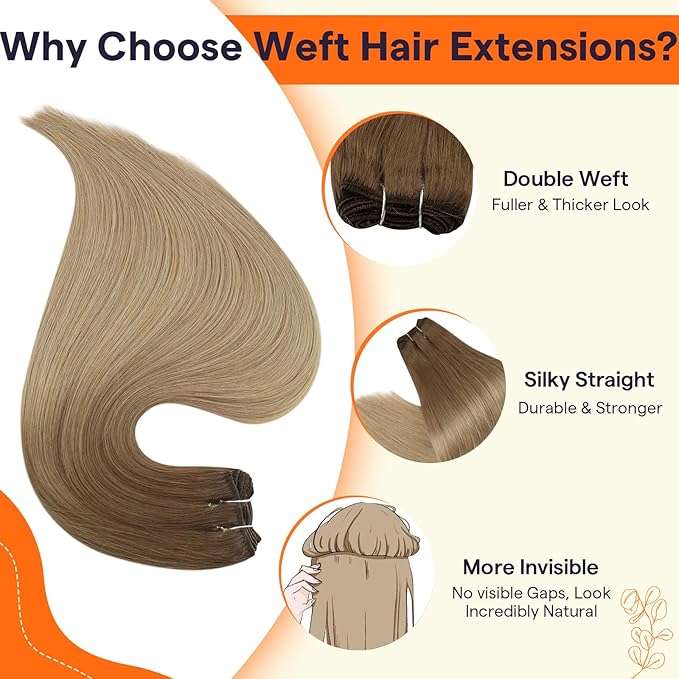 Full Shine Weft Hair Extensions Human Hair Weft Extensions Remy Straight Hair Sew In Hair Extensions Balayage Golden Brown To Dirty Blonde Straight Human Hair Bundles For Women 22 Inch 105G