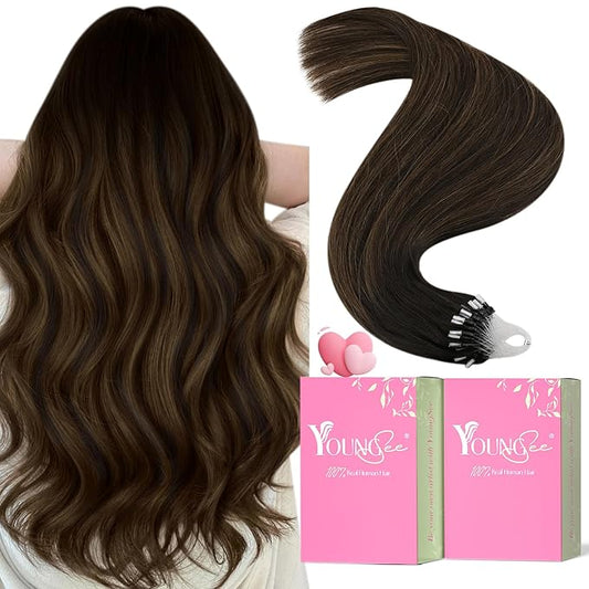 YoungSee Microbead Hair Extensions Brown Micro Loop Hair Extensions Real Human Hair Balayage 18 Inch Micro Ring Hair Extensions Dark Brown Ombre Bead Hair Extensions Silky Straight for Girls 50g 50s