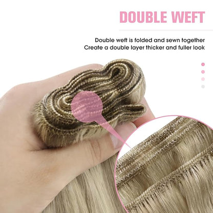 YoungSee Weft Human Hair Extensions Blonde Highlight Sew in Hair Extensions Human Hair Light Brown with Blonde Highlight Sew in Weft Hair Extensions Human Hair Can Be Ironed and Dyed 22Inch 100G