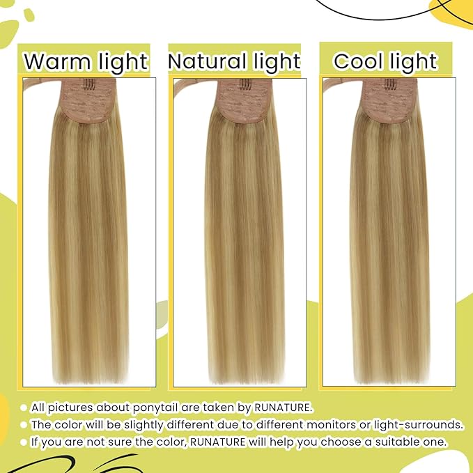 RUNATURE Ponytail Extension Real Human Hair, Blonde Highlight Human Hair Ponytail for Women, Wrap Around Hairpiece with Magic Paste, 12 Inch 70g #16P24 Golden Blonde Highlights
