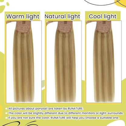 RUNATURE Ponytail Extension Real Human Hair, Blonde Highlight Human Hair Ponytail for Women, Wrap Around Hairpiece with Magic Paste, 12 Inch 70g #16P24 Golden Blonde Highlights