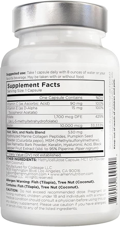 Amen Biotin Collagen Vitamins+ 10,000 mcg Biotin Supplement - Hydrolyzed Collagen, Vitamins C & E, Folate, Hyaluronic Acid, Keratin, MSM, Saw Palmetto - 3-Month Supply - Non-GMO - 90 Capsules