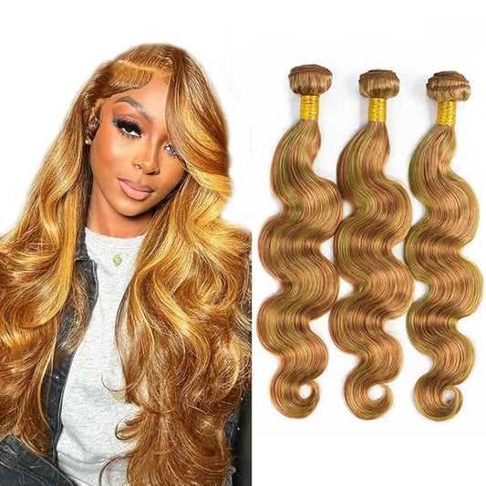 P27/30 Bundles Highlight Honey Blonde Human Hair Ombre Bundles Body Wave Bundles Human Hair 28 30 32 Inch Highlight Bundles Human Hair Light Brown Bundles Silky Soft Remy Hair Extensions